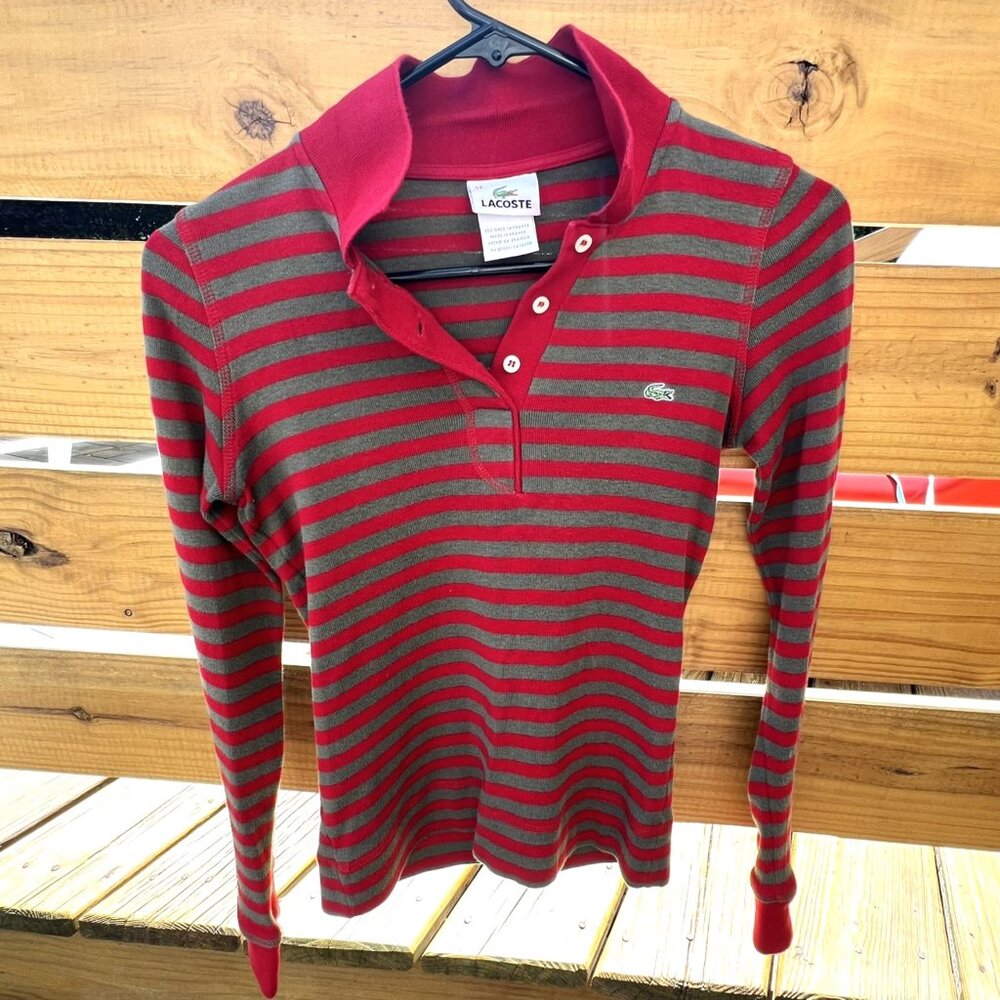 Lacoste Red and Olive Green Striped Long Sleeve Button-Down Polo